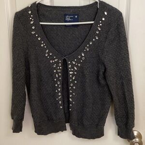 American Eagle Outfitters Dark Gray Embellished V‑Neck Cardigan
